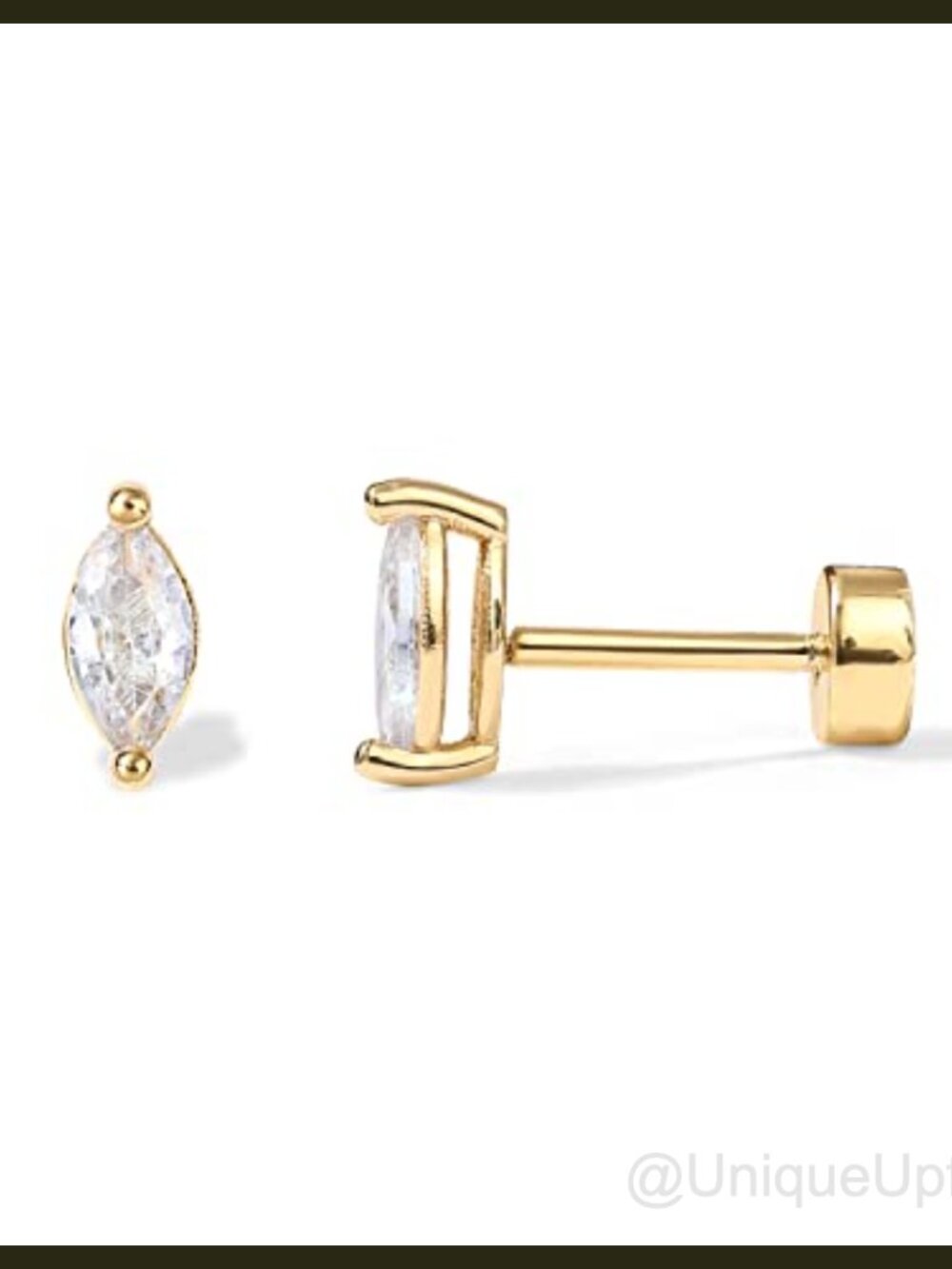 5mm Marquise CZ Flat Back Stud Earrings 14K Gold Plated Screw Back
